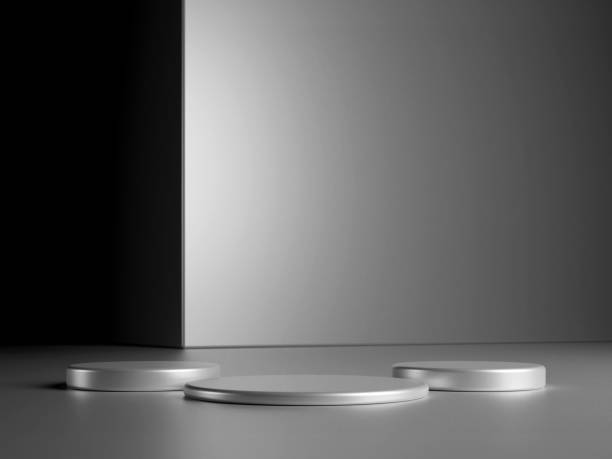 istock Luxury round silver podium with metal cube on dark background. Perfect platform for showing your products. Three dimensional illustration 1929782233