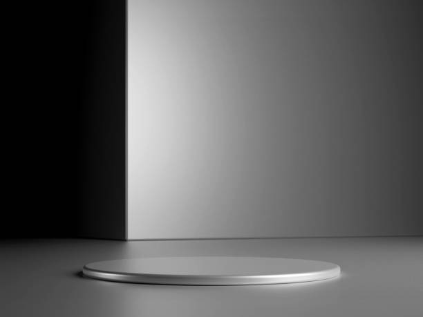 istock Luxury round silver podium with metal cube on dark background. Perfect platform for showing your products. Three dimensional illustration 1929782238