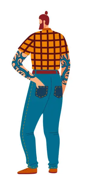 Vector illustration of Hipster man with tattoos standing casually. Tattooed male in plaid shirt and jeans. Modern urban style and fashion concept vector illustration