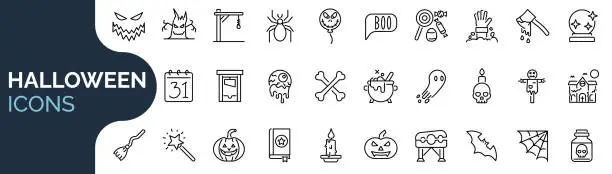 Vector illustration of Set of outline icons related to halloween. Linear icon collection. Editable stroke. Vector illustration