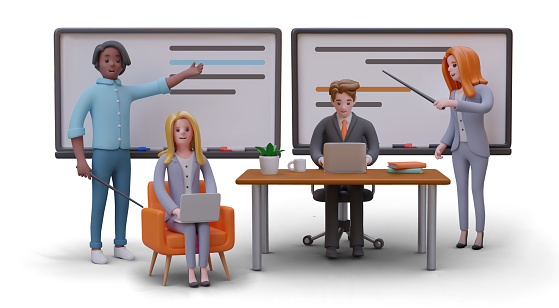 Business training. Characters are pointing at board, man and woman are working with laptops. Training courses for employees. Online service, consultations, mentoring support
