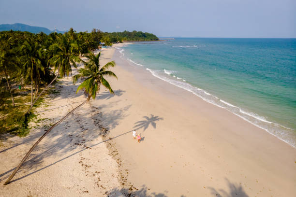 casal em férias na tailândia, província de chumpon, praia tropical branca com palmeiras - chumphon - fotografias e filmes do acervo