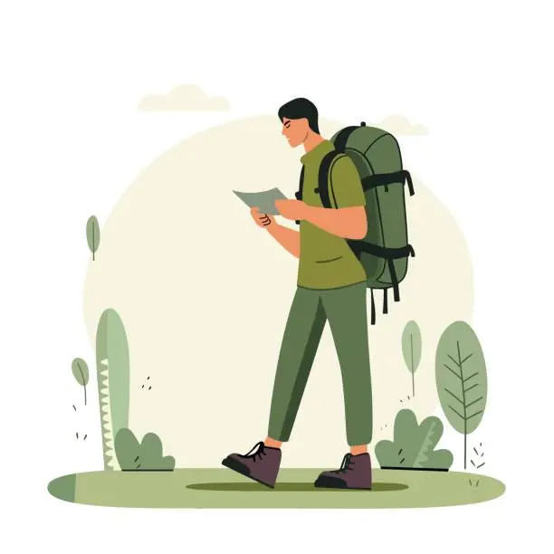 Vector illustration of Vector illustration of young man hiker with big backpack in outdoor equipment hiking in Nature. Greenery summer spring time. Sustainable travel adventure