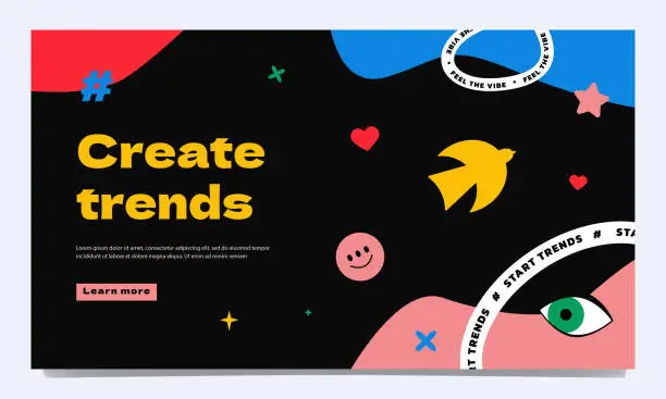 Vector illustration of A bird flying on the design layout, around the heart, lettering, eyes, a symbol of the creator of content and trends. A bright trendy landing page template.