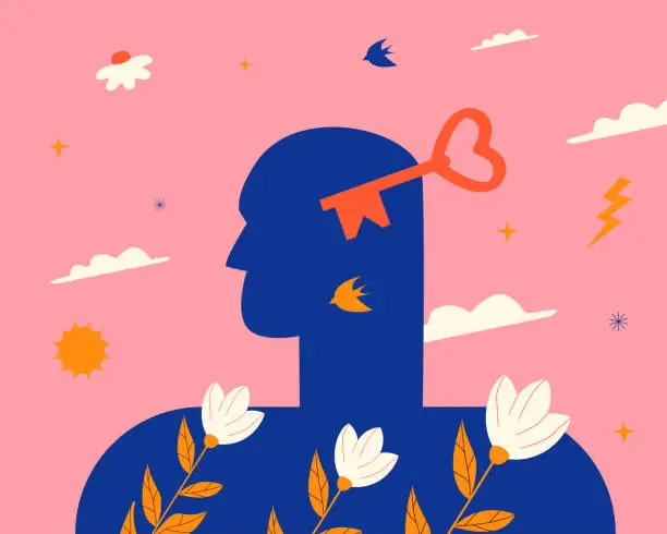 Vector illustration of The human profile, the key and the flowers. A metaphor for the process of self-knowledge through psychotherapy, the development of peace of mind, spiritual growth.