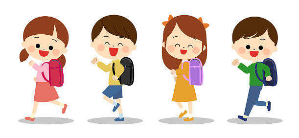 Children happily carrying school bags on their backs