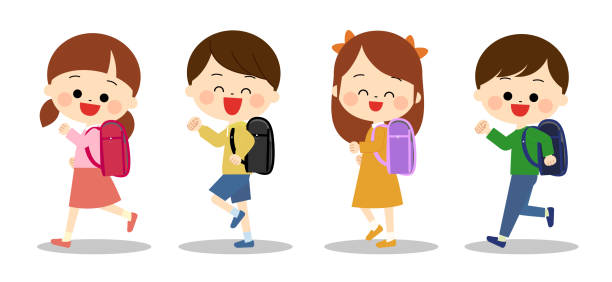 Children happily carrying school bags on their backs Children happily carrying school bags on their backs state school stock illustrations