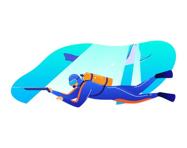 Vector illustration of Underwater ocean hunting, male character diver swim wetsuit harpoon isolated on white, cartoon vector illustration. Exploration sea water floor.