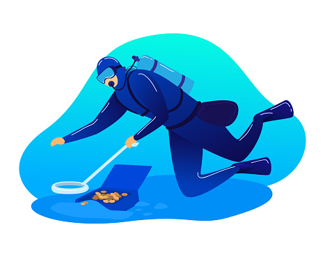 Male character scuba diver occupation research ocean, underwater sea treasure hunting isolated on white, cartoon vector illustration. Man with water metal detector search jewel exploration sea floor.