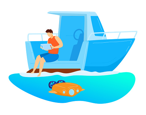 Male sitting yacht, remote control underwater drone, character male research ocean bottom isolated on white, cartoon vector illustration. Modern technology study sea floor, automatic unmanned vehicle.