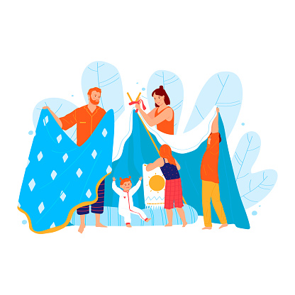 Family fun spend time, parent build plaything tent from blanket isolated on white, cartoon vector illustration. Father mother cheerfully entertain small children, concept big household play.