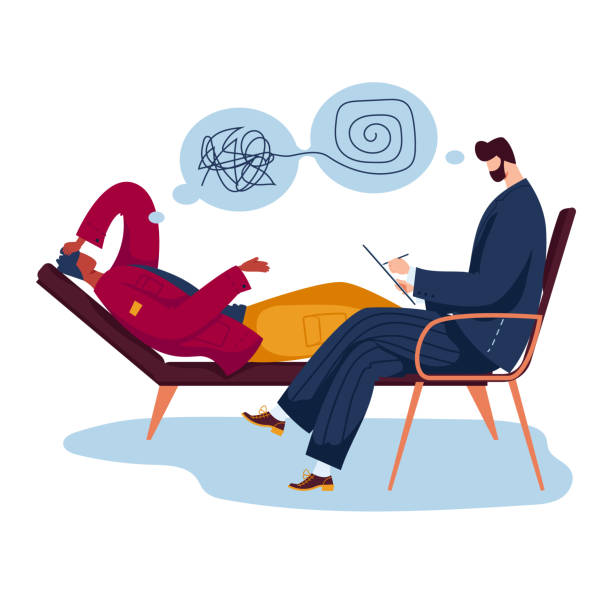 psychologist professional help male character patient, man lay with mind problem isolated on white, cartoon vector illustration. - customer therapy asking doctor stock illustrations