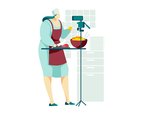 Hobby video blog woman character, cooking stream modern online internet show, female prepared food isolated on white, cartoon vector illustration. Person on camera study cook breakfast and dinner.