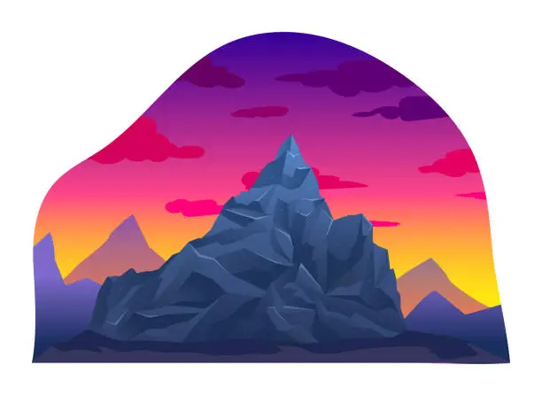 Vector illustration of Sunset mountain range natural landscapes, volcanic rock mountain background isolated on white, cartoon vector illustration. Sunrise alpine place.