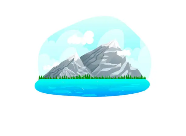 Vector illustration of Alpine mountain range natural landscapes, wild area margin mountain clean water river and lake isolated on white, cartoon vector illustration.