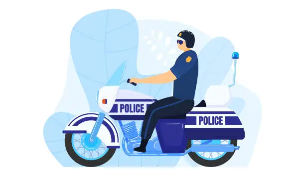 Vector illustration of Police officer motorcycle transport work militia, man patrolling urban precinct isolated on white, cartoon vector illustration.
