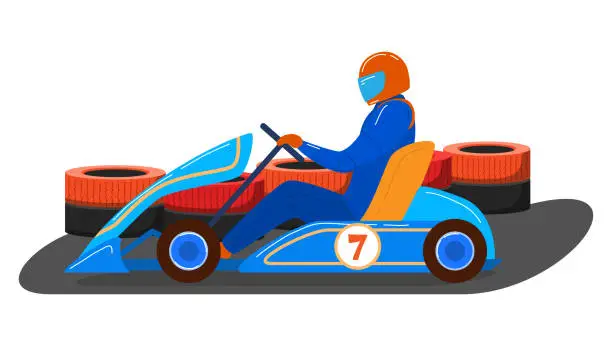 Vector illustration of Male character driver karting transport vehicle, competition racing machine isolated on white, cartoon vector illustration.