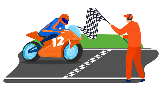 Male character ride sportbike, world tournament moto competition man first place finish line isolated on white, cartoon vector illustration. Motorbike racing contest, dangerous type sport.