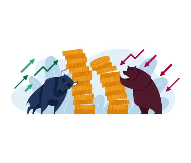 Vector illustration of Concept confrontation bear versus bull, world financial crisis isolated on white, cartoon vector illustration. Stock market exchange.