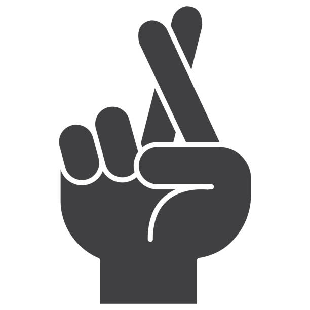 crossed fingers,  wish for luck hand gesture.  vector outline icon illustration - fingers crossed liar dishonesty truth stock illustrations