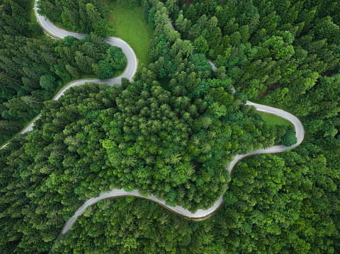 Idyllic winding road in spring. Aerial view.