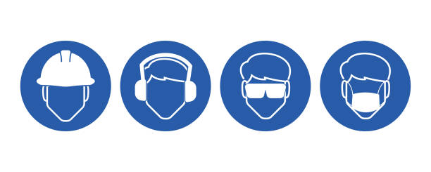 illustrations, cliparts, dessins animés et icônes de ensemble de protection de la tête d’icône ronde bleue, porter un casque, un couvre-coussinet d’oreille, des lunettes, un masque facial pour le panneau de sécurité de l’ingénierie de la construction industrielle - 7010