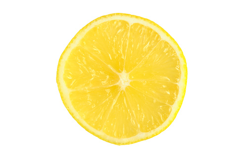Slice of juicy yellow lemon on white background
