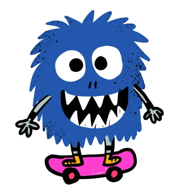 Vector illustration of Funny blue monster riding skateboard cartoon character