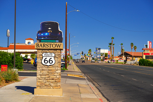 Barstow, California, United States - August 31, 2023: Route 66 pedestal  in Main Street in Barstow, which is part of the old Route 66, has several pedestals with vintage cars on top. This one represent the state of Missouri.