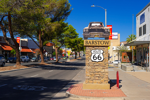 Barstow, California, United States - August 31, 2023: Route 66 pedestal  in Main Street in Barstow, which is part of the old Route 66, has several pedestals with vintage cars on top. This one represent the state of Oklahoma.