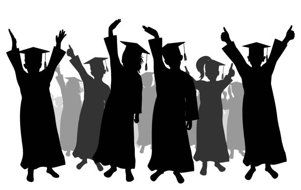 ilustrações, clipart, desenhos animados e ícones de happy crowd of graduates children in square academic caps. cheerful people silhouette. graduation ceremony. vector  illustration. - waving success hand raised silhouette