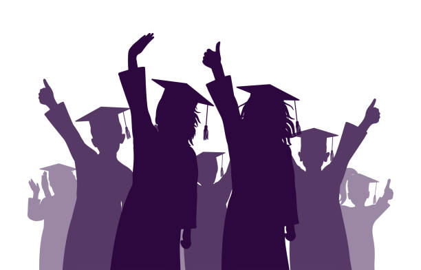 ilustrações, clipart, desenhos animados e ícones de happy crowd of graduates children in square academic caps. cheerful people silhouette. graduation ceremony. vector  illustration. - waving success hand raised silhouette