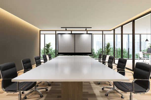 istock Modern contemporary meeting room interior with empty white board 3d render 1929861636