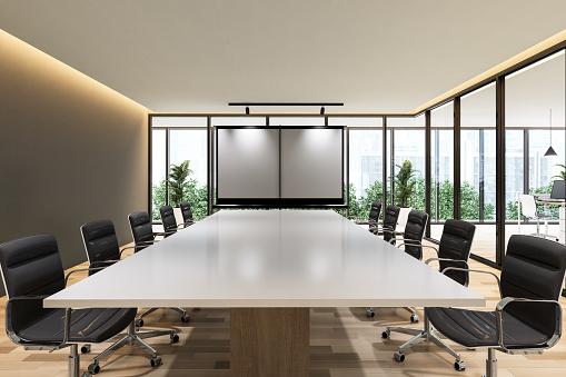 Modern contemporary meeting room interior with empty white board 3d render, There are wooden floor furnished with black chair and glossy white top table overlooking nature and city view