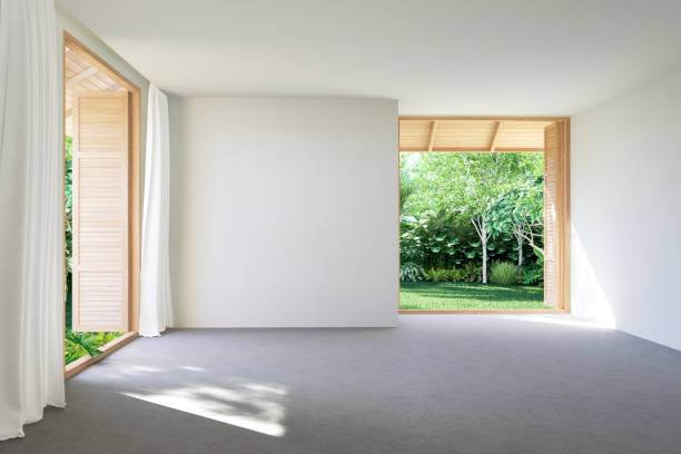 Modern contemporary loft empty room with tropical garden view 3d render