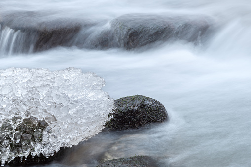 Detail of brittle ice smashed on the floor-stone at the bottom of small cove in Sildpolltjonna bay-S.shore Sildpollnes peninsula-Austnesfjorden. Vagan kommune-Austvagoya-Lofoten-Nordland fylke-Norway