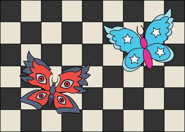 Vector illustration of checkerboard with butterflies
