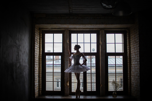 Silhouette of a ballerina standing by a large window.