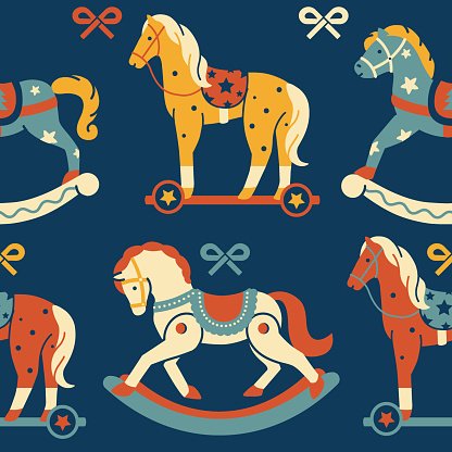 Children's seamless pattern with a wooden horse. Vintage bright vector illustration of rocking horse. Retro fun playful background.