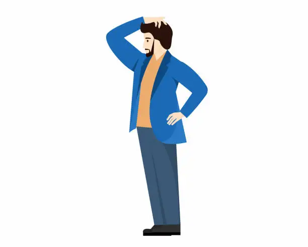 Vector illustration of Man thinking and scratching his head finding doubting solutions vector illustration.