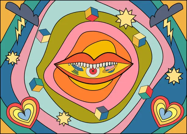 Vector illustration of psychedelic style background with mouth