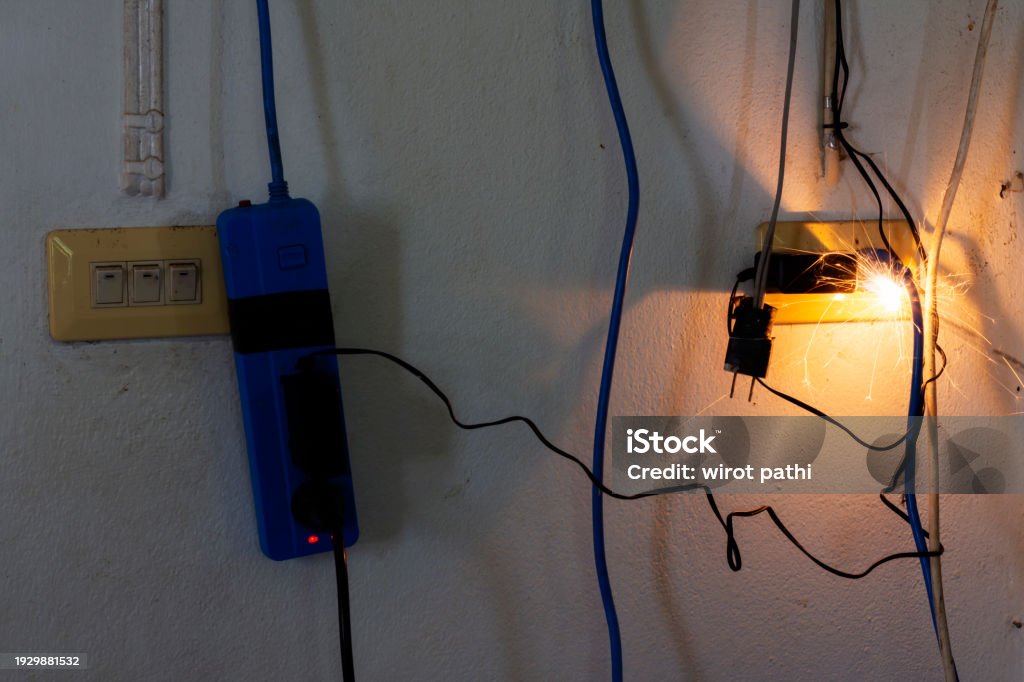Plug Exploding Electrical Plug Sparking And Burning Caused By A Short Circuit Concept ...