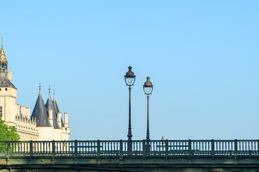 This landscape photo was taken, in Europe, in France, in ile de France, in Paris, on the banks of the Seine, in summer. We see the lampposts of the Pont d Arcole, under the Sun.
