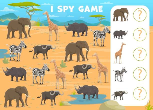 I spy game worksheet with African savannah safari I spy game worksheet with African savannah safari animals, vector kids quiz. African safari cartoon animals, zebra with elephant, rhinoceros and buffalo, puzzle quiz to find and match similar picture multiplication worksheet stock illustrations