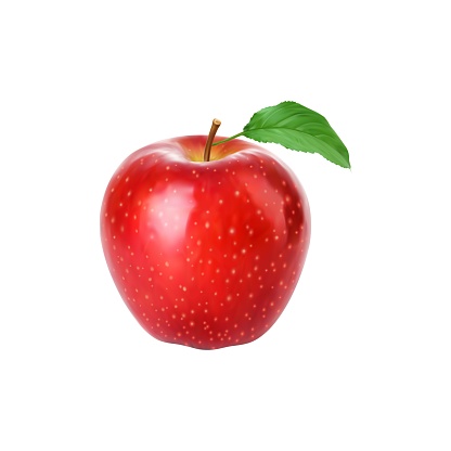 Realistic red apple whole fruit with green leaf. Isolated 3d vector crisp and juicy ripe plant with a vibrant crimson hue, sweet and tangy flavor with a satisfying crunch, makes it a wholesome delight
