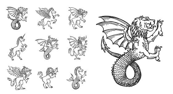 Medieval heraldic animals sketch, lion, unicorn or pegasus, dragon and griffin, vector symbols. Heraldry sketch mythic creatures of unicorn, lion dragon and pegasus mermaid with claws and roar