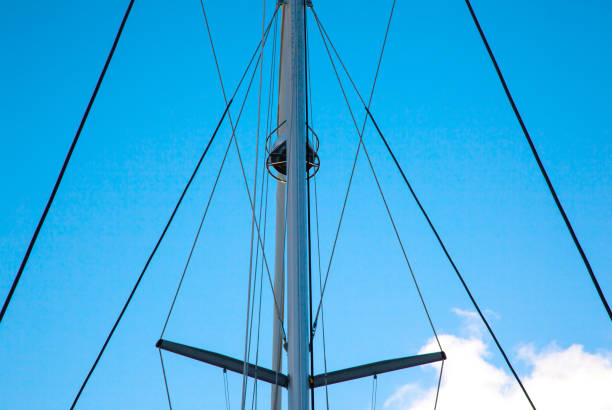 masts of sailing yachts without sails with anchoring ropes. view from below. - repairing sky luxury boat deck stock-fotos und bilder