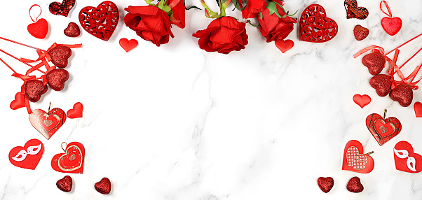 Happy Valentine's Day or Women's Day, Mother's Day, banner. Greeting card, red hearts and roses on marble background, happy holiday, birthday greetings, selective focus