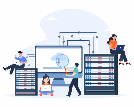 Datacenter storage server connect on administrator computer developer business team working on laptop and browsing data vector illustration