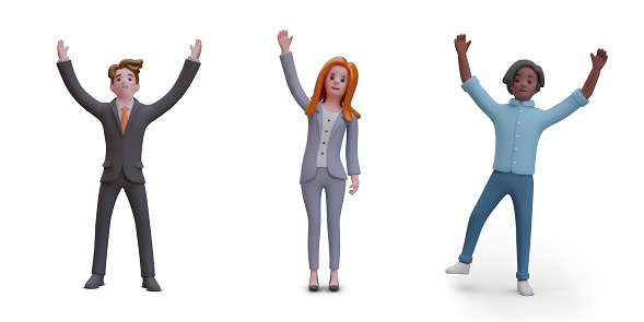 Multicultural business workers. Friendly businesswoman in office clothes rising up hand. 3D realistic cartoon character greeting gesture. Colorful vector illustration